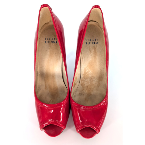 Stuart Weitzman Candy Apple Red Patent Leather Peep Toe Pumps 8M 4.5″ Heel Glam - Picture 3 of 11